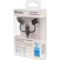Kabel 3-i-1 Sandberg Lightning MicroUSB USB-C 1m Sort